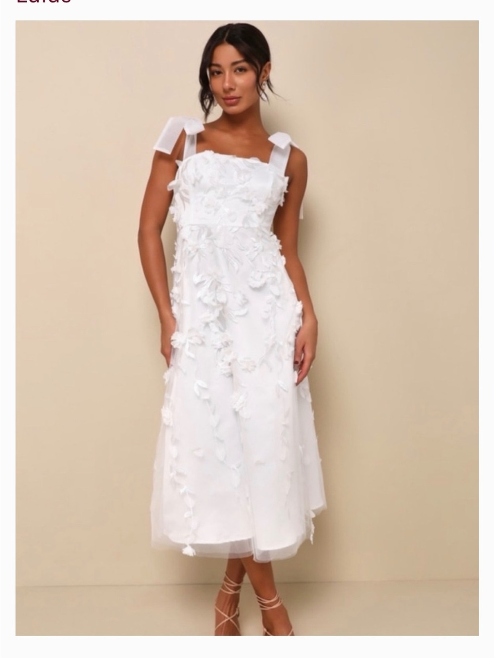 Lulu's White 3D Floral Midi Dress with Tie Straps